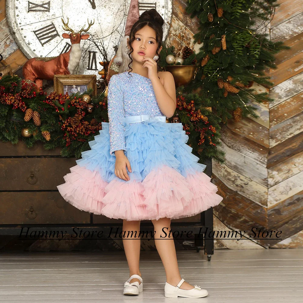 

Christmas Flower Girl Dress Children Birthday Party Gown One Shoulder Sequined Ruffles Tulle Cupcake First Communion Dresses