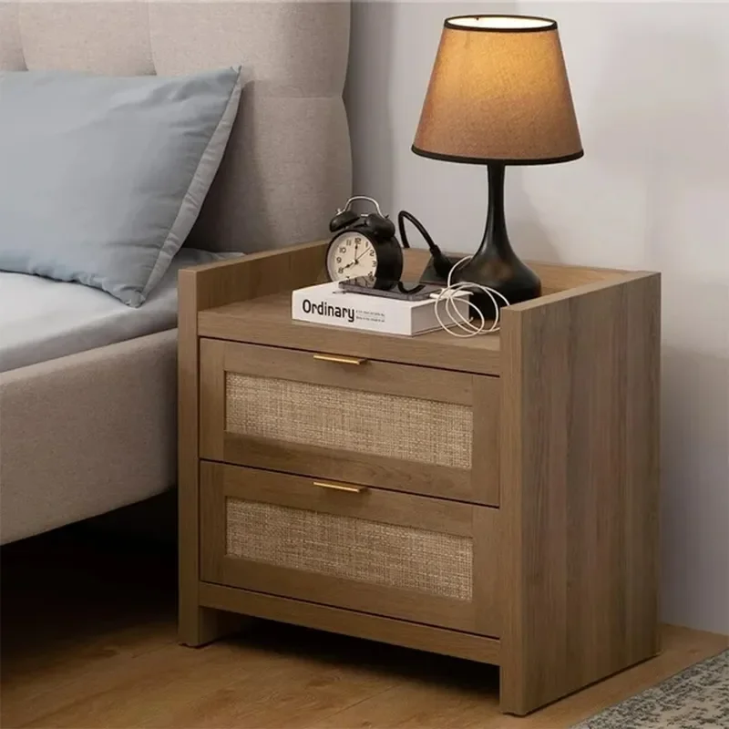 Nest Bohemian Minimalist 2 Drawer Wooden Rattan Bedside Table Single Bedroom Furniture Factory Custom