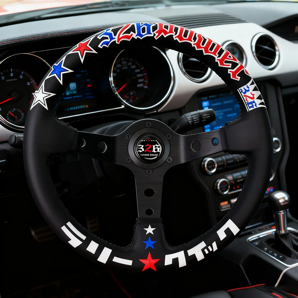 

326 5mm Bracket Universal Leather Steering Wheel 3 Spokes Embroidery Simulation Steering Wheel For Car