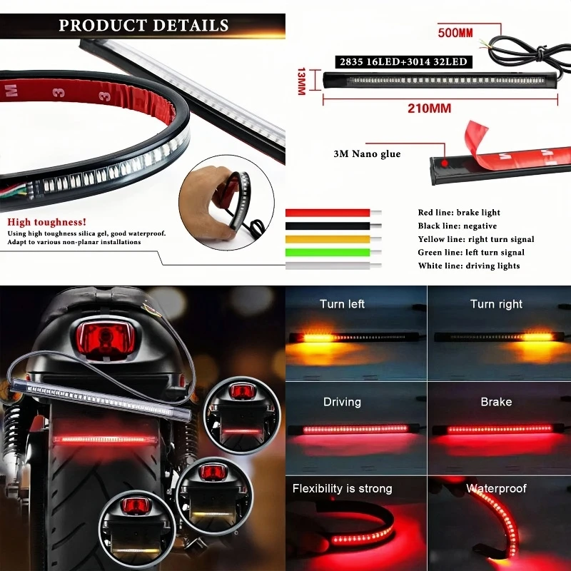 

Motorcycle Turn Signal Brake Stop Light 2835 3014 SMD Flexible Led Lamp Universal Tail Lamp Strip 12v Car Accessories Universal