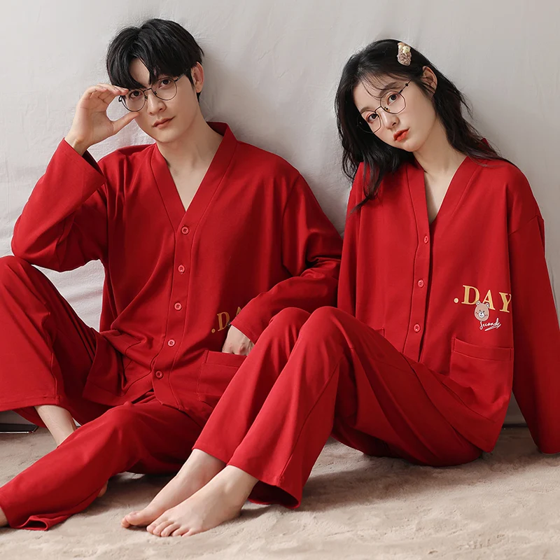 Red couple pajama set all cotton cardigan V-neck cute cartoon letter print on the back men and women\'s spring and autumn pajamas