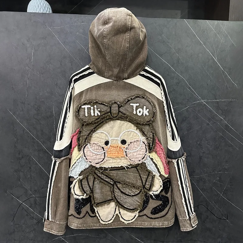 2025 Autumn Heavy Industry New Cartoon Patch Embroidery Hooded Sweatshirt Jacket For Women's Loose Casual Fashion Top Sudaderas