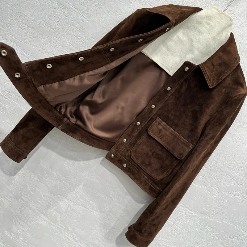 Autumn Outerwear Women’s Kid Suede Leather Jacket Lapel Tooling Wind Single Breasted Casual Long Sleeve Short Silm Leather Coat