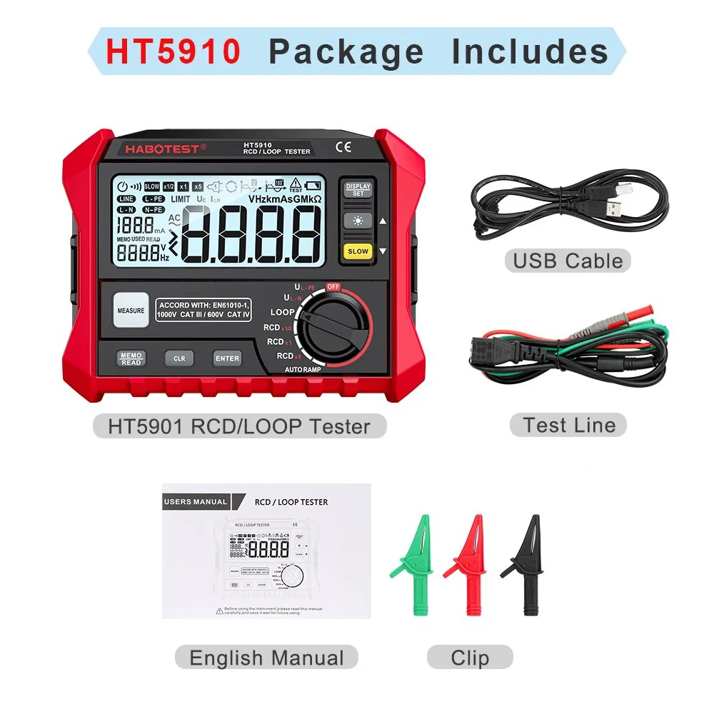 HABOTEST HT5910 Lekkageschakelaartester LCD Digitale weerstandsmeter RCD/Loop Tester 1000 gegevensopslag Voltmeter Megohmmeter