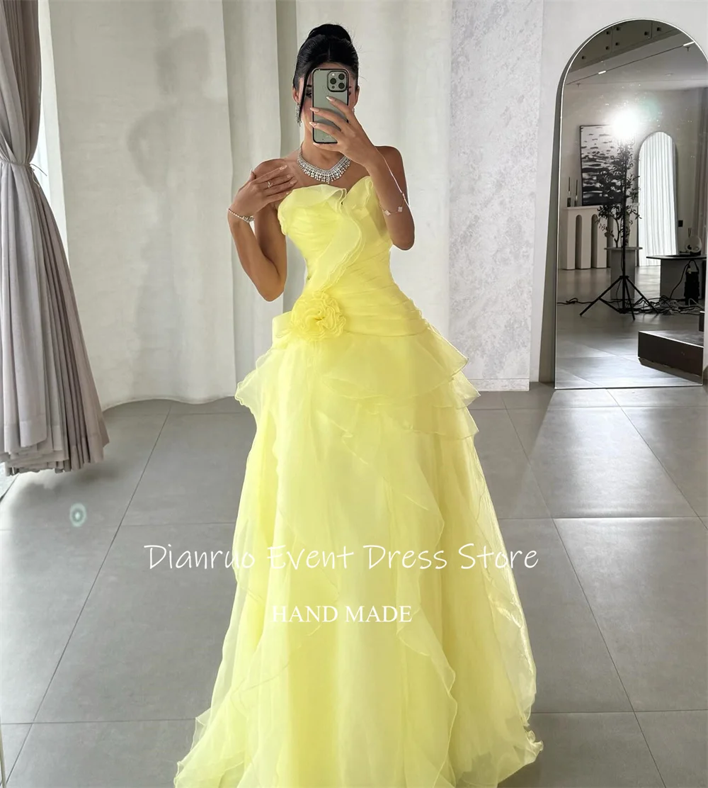 Dianruo Giallo Limone Organza Abito Da Sera Abito di Sfera di Lunghezza Lunga Abiti Del Partito Fiore 3D Abiti Formali De Laurea Personalizzato
