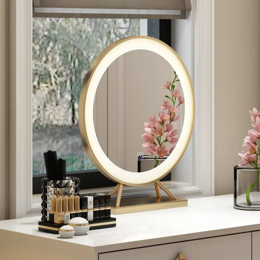 Dia 40 50 cm Golden Smart LED Makeup Mirror Bedroom Hotel Desktop Decor Round With Light Tricolor  Source Storage Base