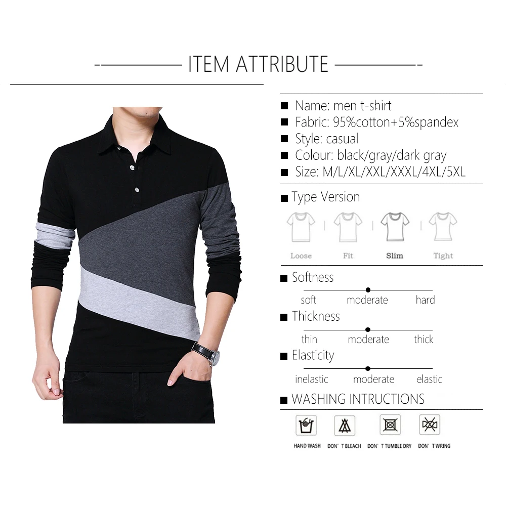 BROWON Autumn Fashion Plus Size 5XL Mens T Shirt with Collar Color Patchwork t-shirt Long Sleeve Tshirt Men Clothes 2024