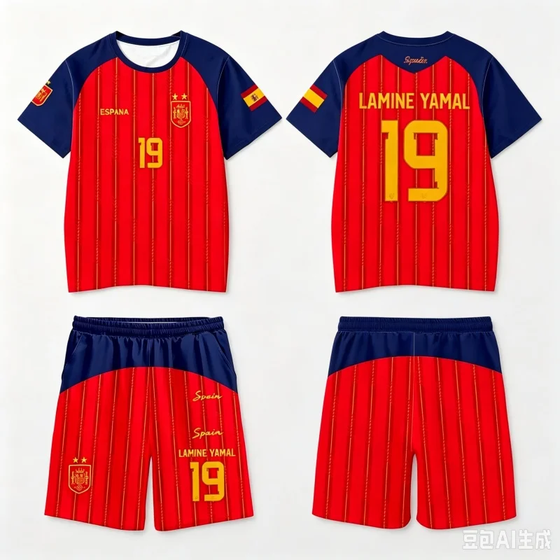 2026 Spanien Team Uniform Yamal Fußball-Uniform T-Shirt und Shorts Kurze Hosen Herren Freizeithosen Sporthosen Familien-Kinder-T-Shirt-Set – Detail 3