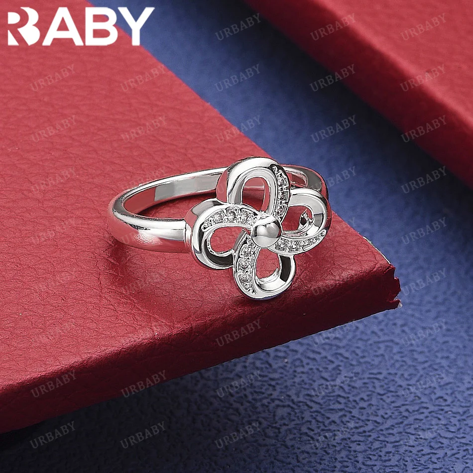 

URBABY 925 Sterling Silver Zircon Four Leaf Clover Ring Fashion Jewelry Vintage Grace Charm Noble Party Birthday Gifts