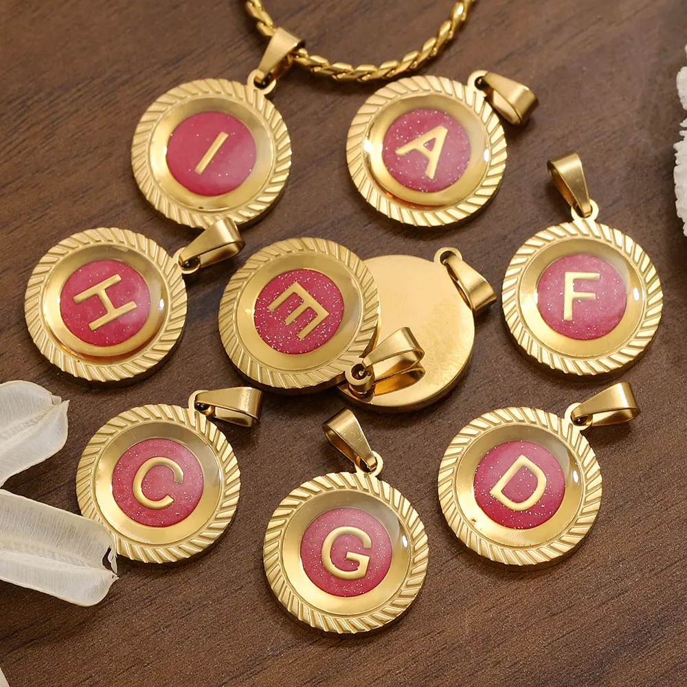 3pcs 26 Letters Charms Stainless Steel Gold Plated Waterproof Round Red Pendants for DIY Necklace Jewelry Making Accessories