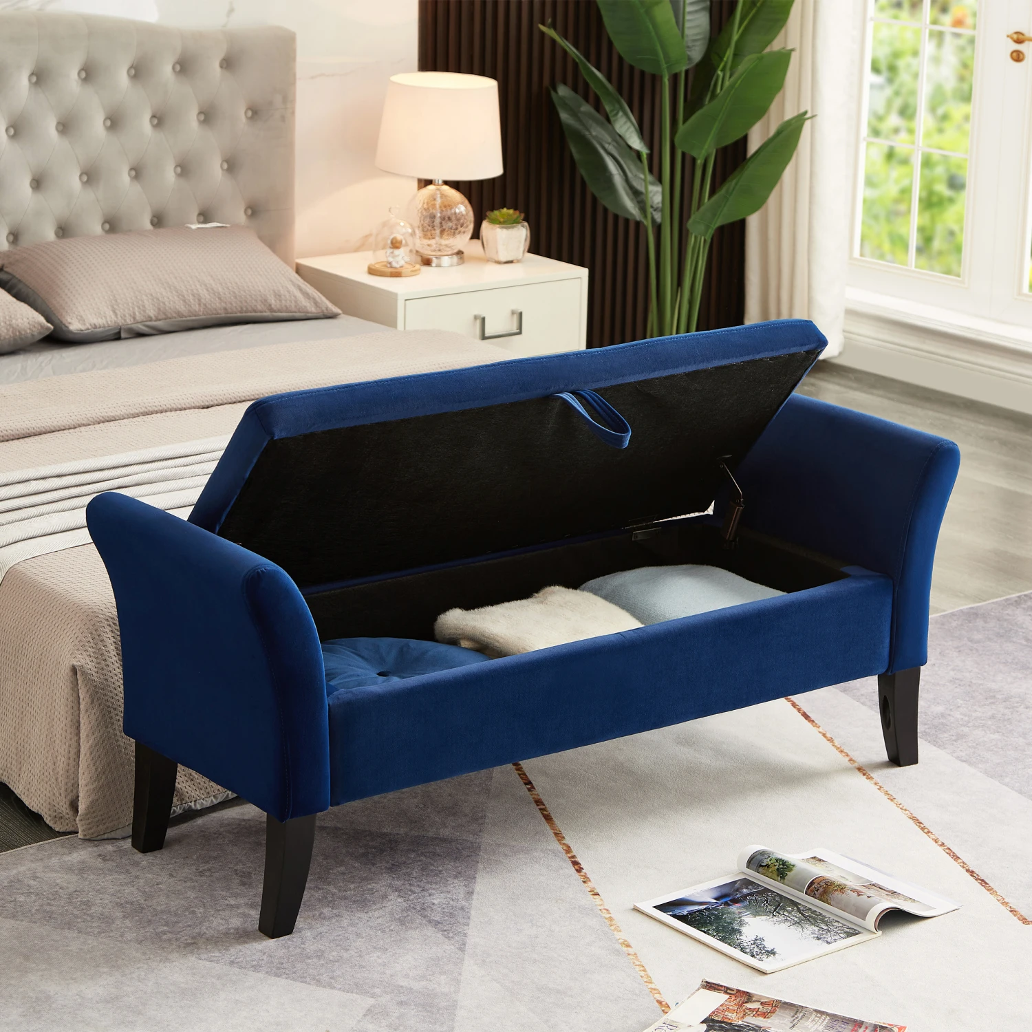 Bed Bench Storage Navy Blue Velvet 51.5