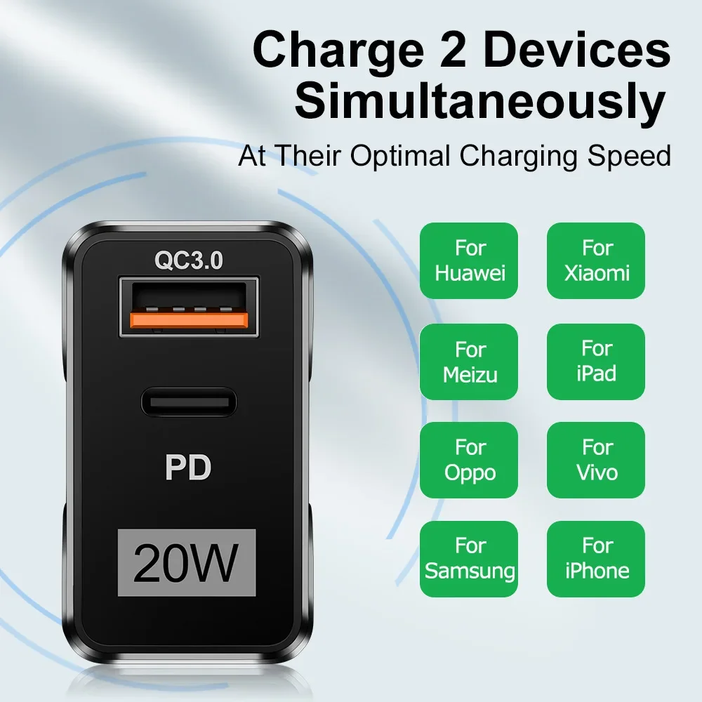 PD 20W USB Type C Charger Fast Charging QC3.0 Portable Charger 2 In 1 Power Adapter Dual Ports Quick Charging Wall USB Charger