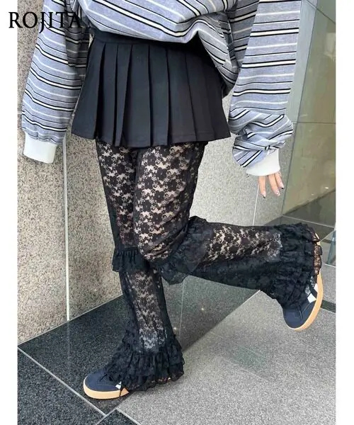 

Black Semi-Sheer Lace Flared Pants Tiered Ruffle Hem Gothic Lolita Trousers High-waisted Petal Fungus Edge Pants