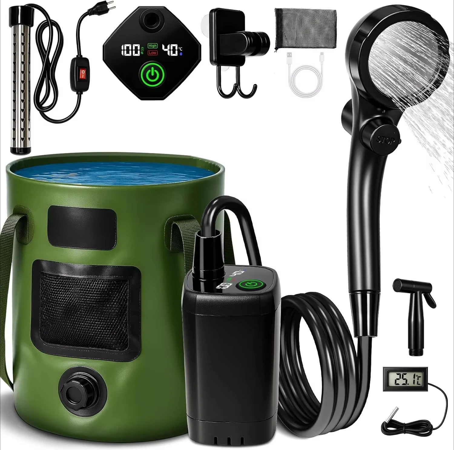 

Portable outdoor shower 6000mAh rechargeable camping shower pump with immersion water heater 6.6 gallon collapsible bucket