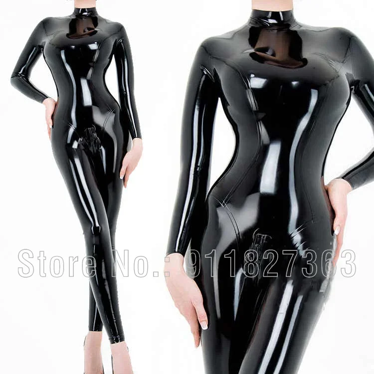 100% Natural Latex Catsuit Sexy Rubber Long sleeves w Back and Crotch Zipper High Neck Party Wear Customize