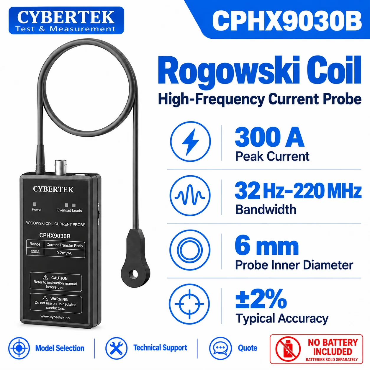 CYBERTEK CPHX9000B 100MHz Open Rigid Rogowski Current Probe, 14mm Aperture, SiC/GaN, ±2% Accuracy, Oscilloscope Probe CPHX9012B