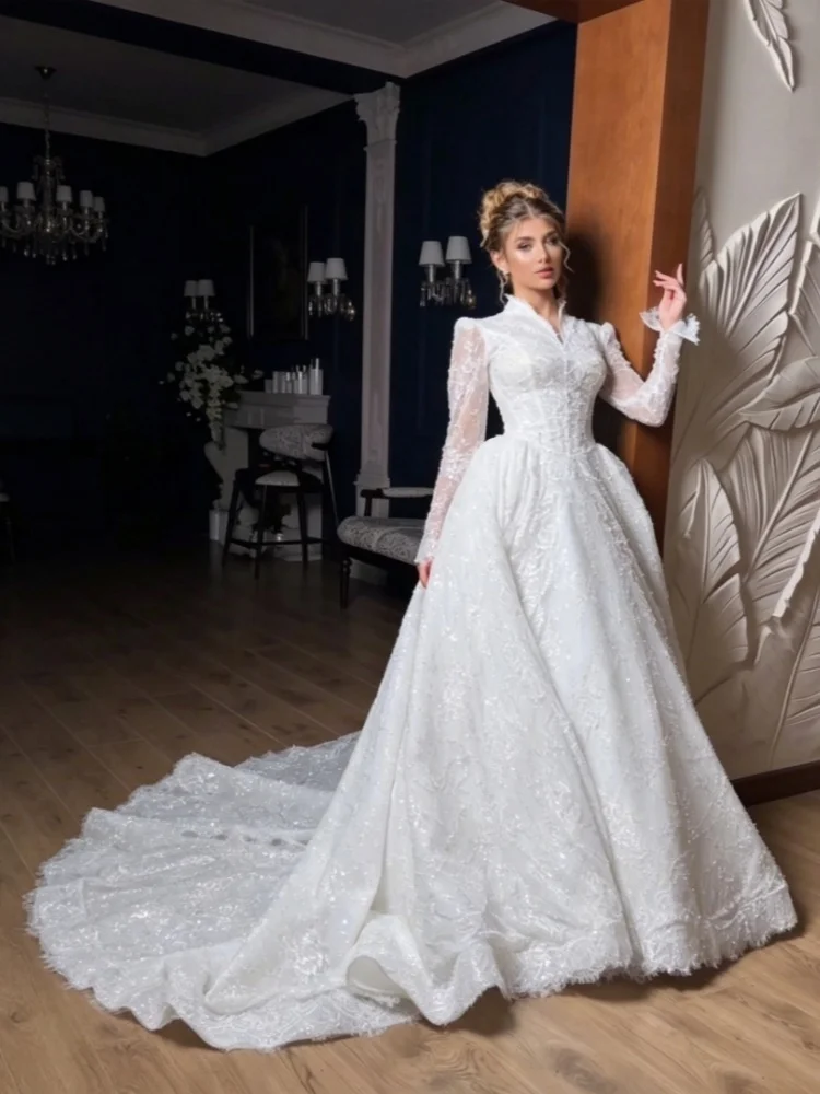 Custom High Neck Long Sleeve Lace Wedding Dress 2026 Heavy Beaded Glitter Ball Gown Vintage Luxury Long Train Bridal Gown