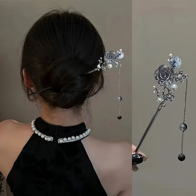 Accesorio para el cabello con borla China clásica, flor de Metal Retro, aguja para el cabello Hanfu para mujer, ropa diaria de vacaciones, horquilla de joyería para niña