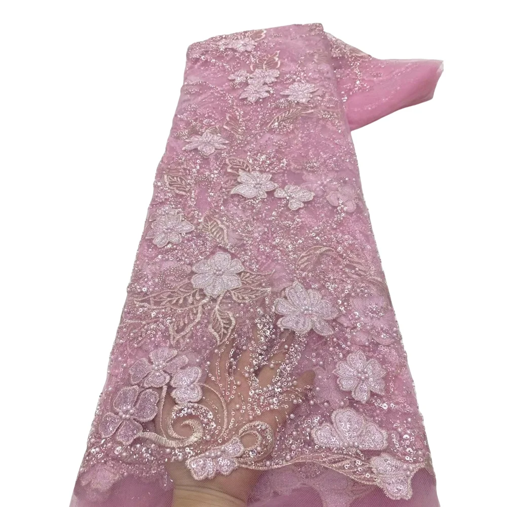 

French L-1406208 Beaded Tulle Lace Fabric High Quality African Net Lace Fabrics With Sequins For Party Dress