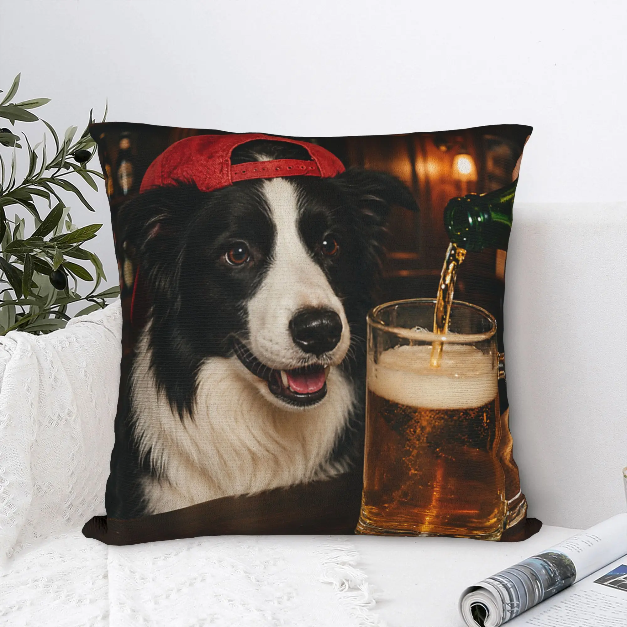 Printed Border Collie Drinking Beer Pillowcase Polyester Cushion Cover Decoration Funny Dog Meme Pillow Case Cover Bed Square