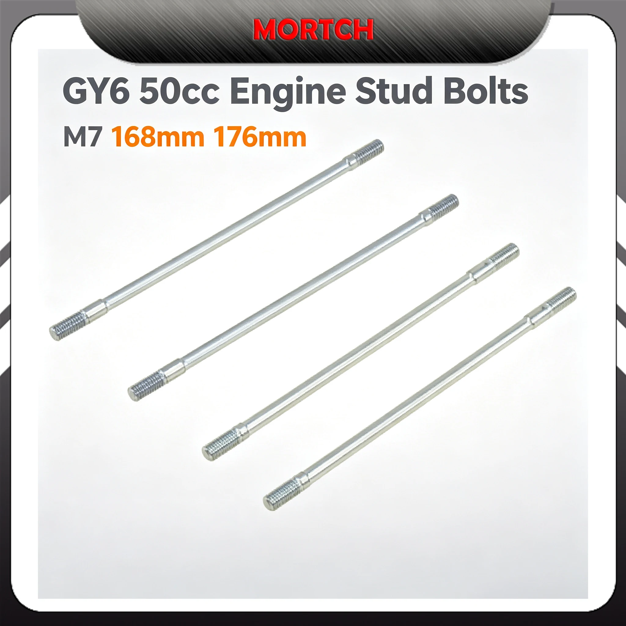 GY6 50cc Engine Cylinder Stud Bolt Set, M7 Thread 168mm & 176mm, Total 4 Stud Bolts Hardware