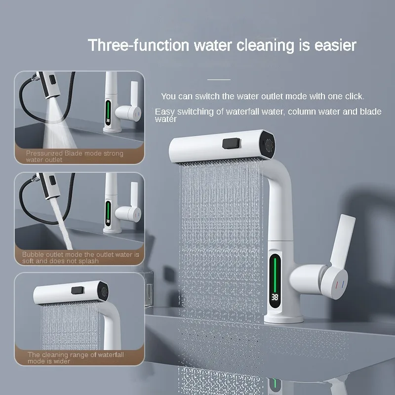 

Intelligent Digital Display Pull Out Basin Faucet Flying Rain Waterfall Water Outlet Shower Head Bathroom Lifting Washbasin Tap