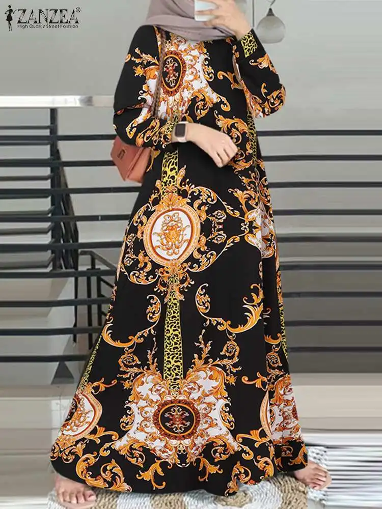 

ZANZEA Vintage Printed Women Maxi Dress Muslim Fashion Casual Loose O Neck Long Sleeve Islamic Abaya Robe Holiday A-line Vestido