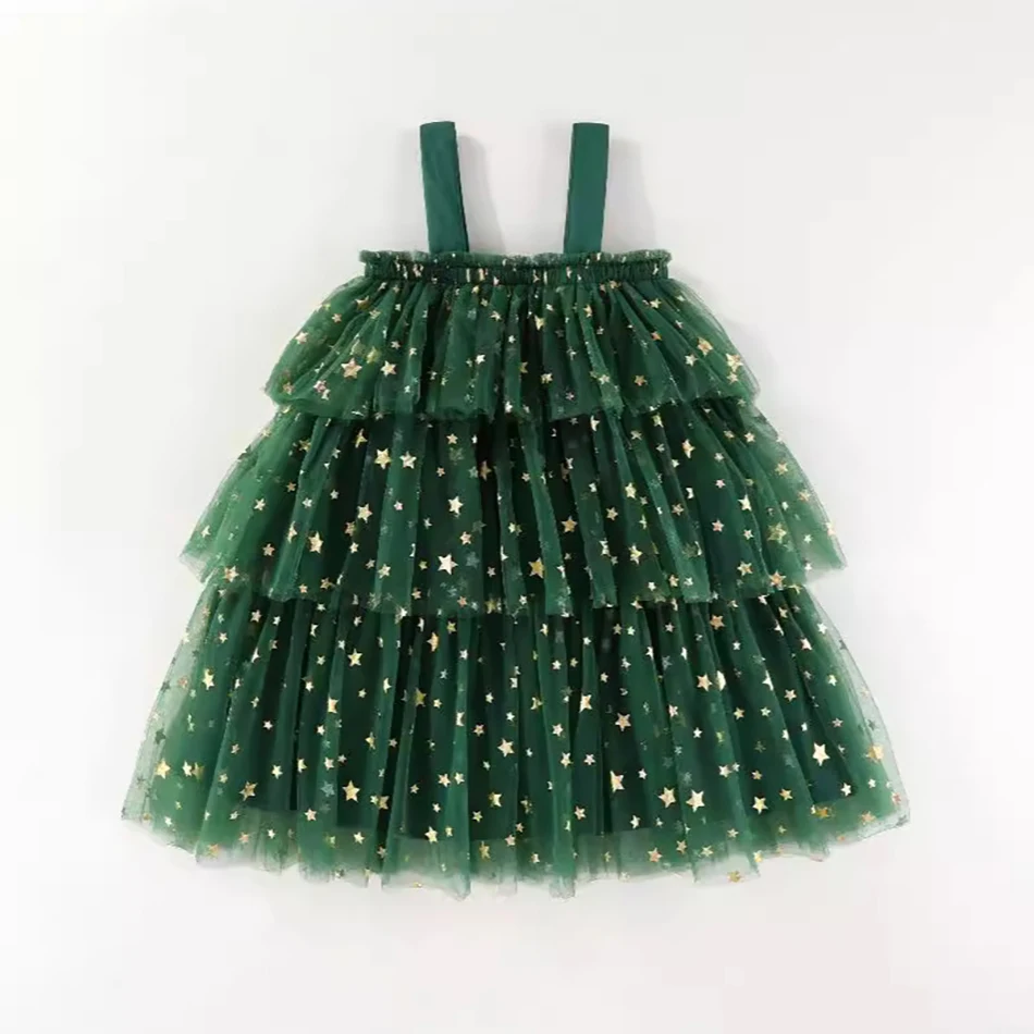 Festive Kids Christmas Tree Halter Net Sequin Decoration Casual Dress Layered Cake Skirt for Magical Season of Joy and Merriment