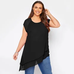 Plus Size Asymmetrical Elegant Summer Chiffon Blouse Women Short Sleeve Layered Hem Casual Tunic Tops Women Large Size Clothing