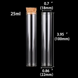 Tubes à essai en verre avec bouchon en liège, bocaux de terrarium, flacons HI pour artisanat, accessoire de laboratoire, bricolage, 22x100mm, 25ml, 10 pièces