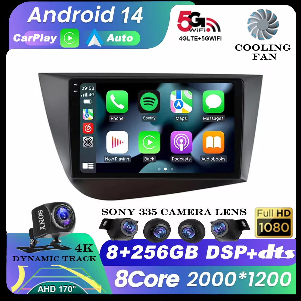 Android 14 Auto Car Radio Navigation GPS Carplay For Seat Leon 2 MK2 2005-2012 Multimedia Video Player Stereo 360 Camera WIFI+4G