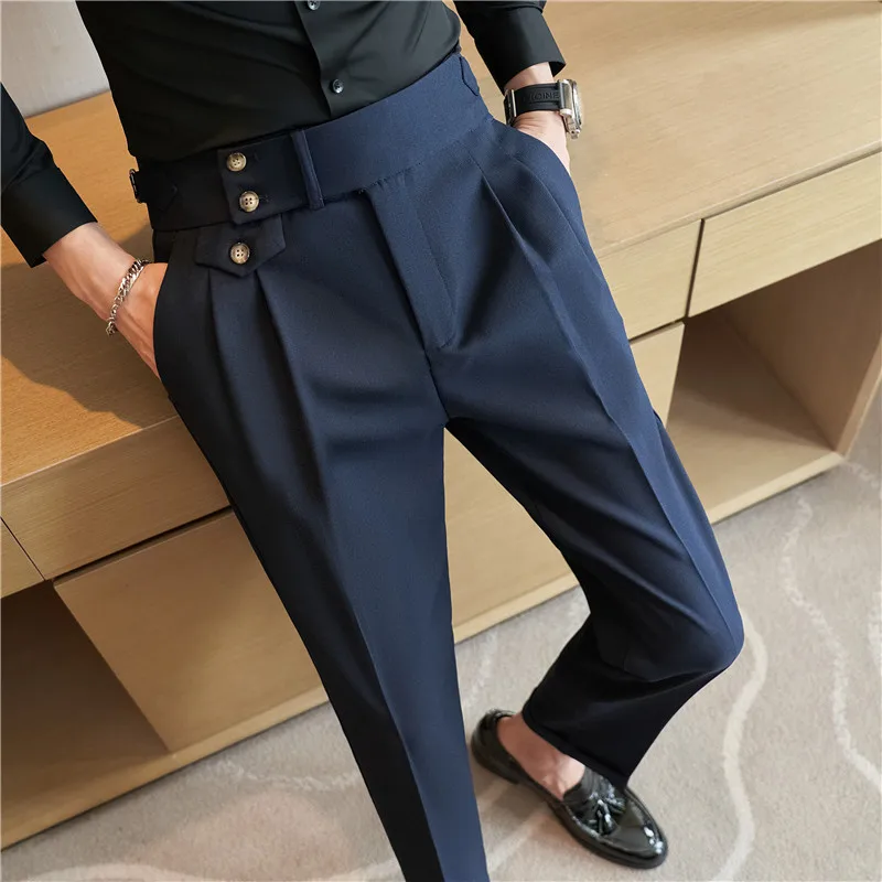 2024 Spring Autumn Men High Waist Belt Design Casual Slim Formal Dress Pant Men Social Office Wedding Party Dress Suit Pants