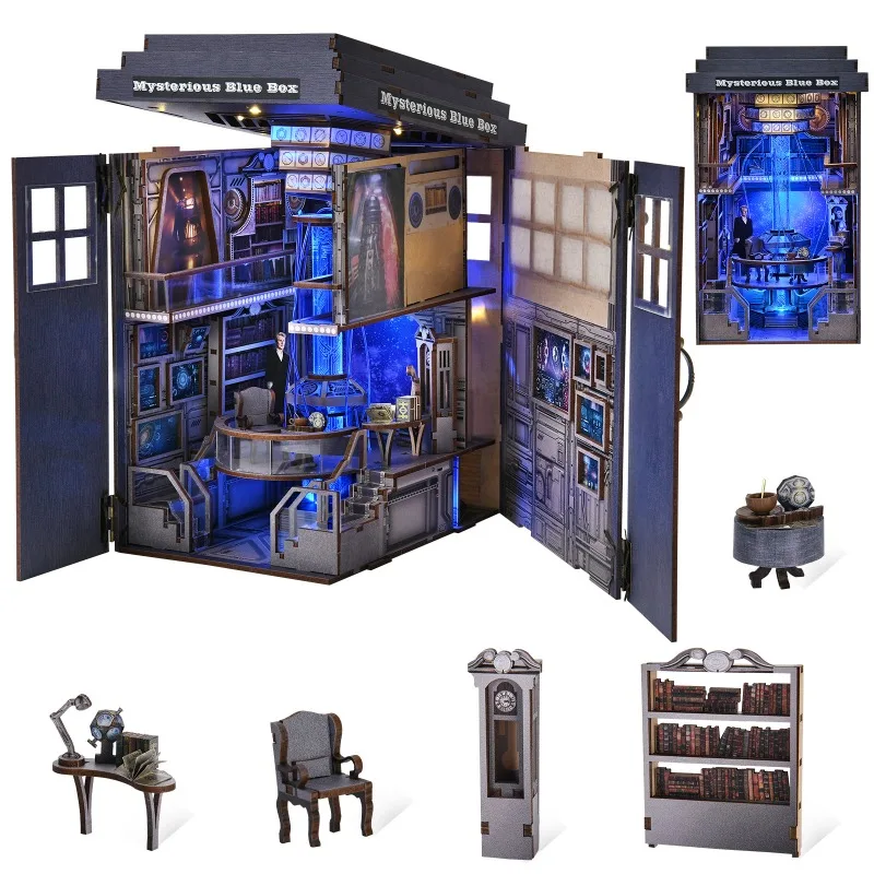 Book Nook Kit Blue Telephone Booth 3D DIY Wooden Puzzle Handmade Bookshelf Dollhouse Model Bookend Building Home Decoration
