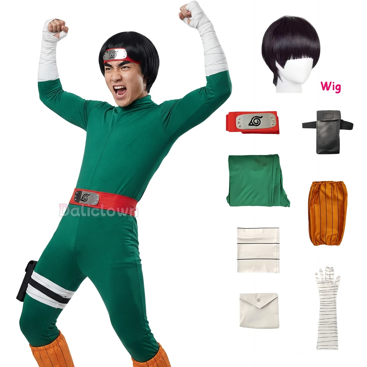 Disfraz de Cosplay de Anime Ninja Rock Lee, Peluca, Uniforme de Combate para Hombre y Mujer, Mono de Héroe, Traje Yakumo Night Kai Kai Huang, para Fiesta de Halloween