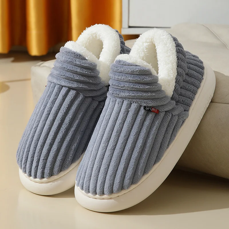 

New Winter Couple Style Concise Solid Color Wrap Heels Plush Slippers Non-slip Warm Flip Flops Women Men Home Casual Cotton Shoe