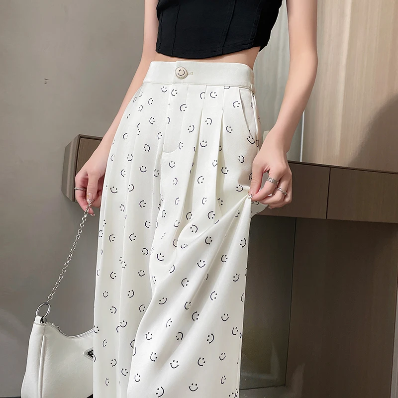 

Smiling Face print Pants Pleating Women Elegant Empire Loose Minimalist Pure Korean Style Trouser Ladies Summer Design Basic