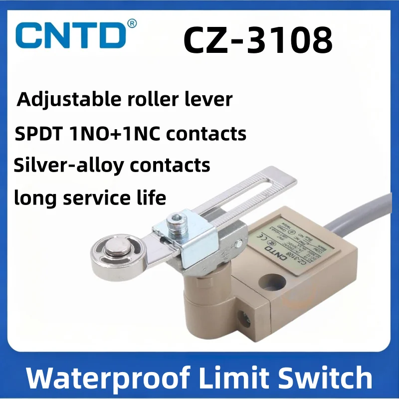 Interrupteur de fin de course à levier réglable CNTD CZ-3108 IP67 1NO/1NC à action rapide 5A 250V en alliage d'aluminium, capteur de position industriel