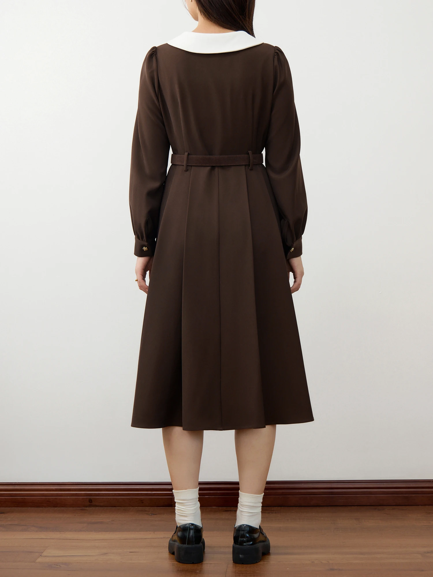 DUSHU Women Winter Thicken Dress Contrasting Color Peter Pan Collar Female Brown Long Dress Without Sashes Twill Dress 24DS84414