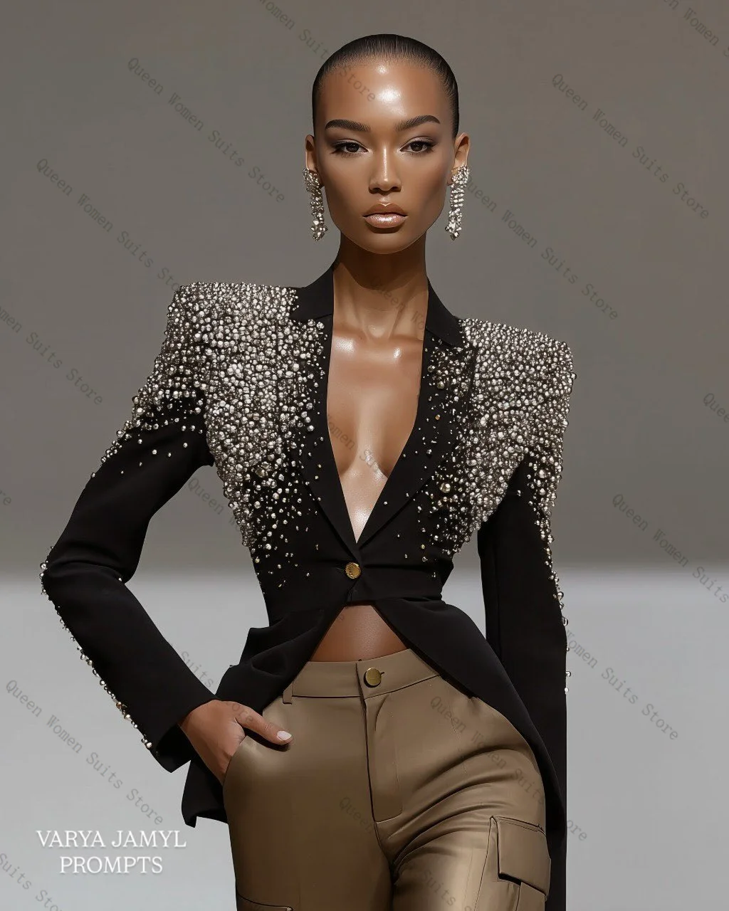 

Luxury Crystals Women Suit Set 2 Pcs Blazer+Straight Pants Trouser Cotton Formal Office Lady Jacket Wedding Prom Coat Customized