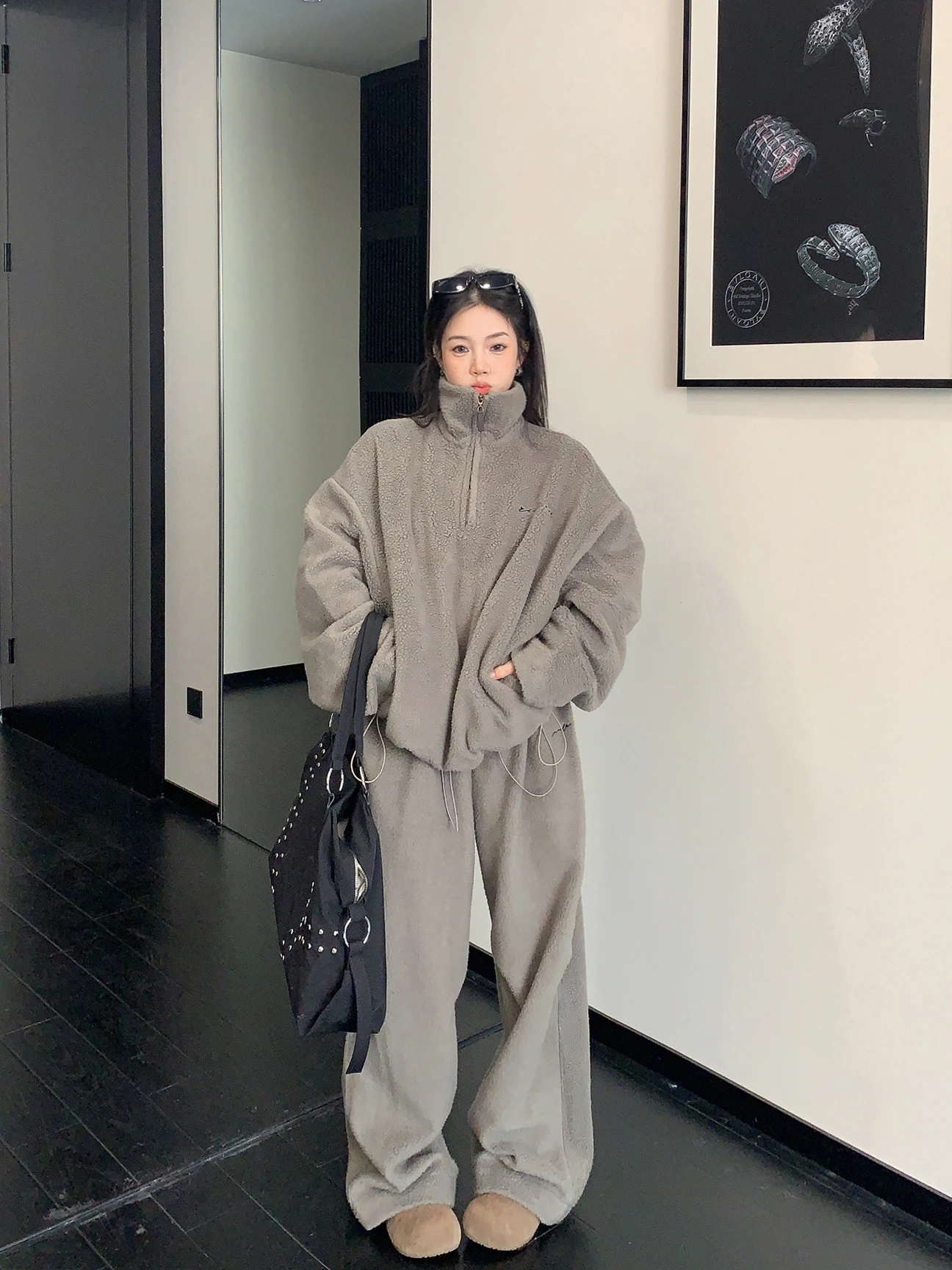 

Thiened Fce Lazy Loose Women's Set Hoodie Pants Stand Collar Street Sle Warmth Comfortable Polyester Long Sve Zipper