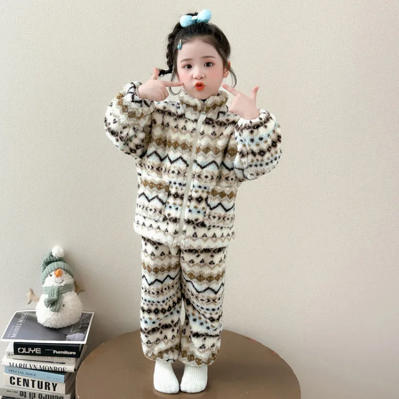 Girls Toddler Fall Winter Vintage Pattern Plush Skin Friendly Stand Collar Pajamas Sleep Pants 2026 Kids Fashion Warm Loungewear