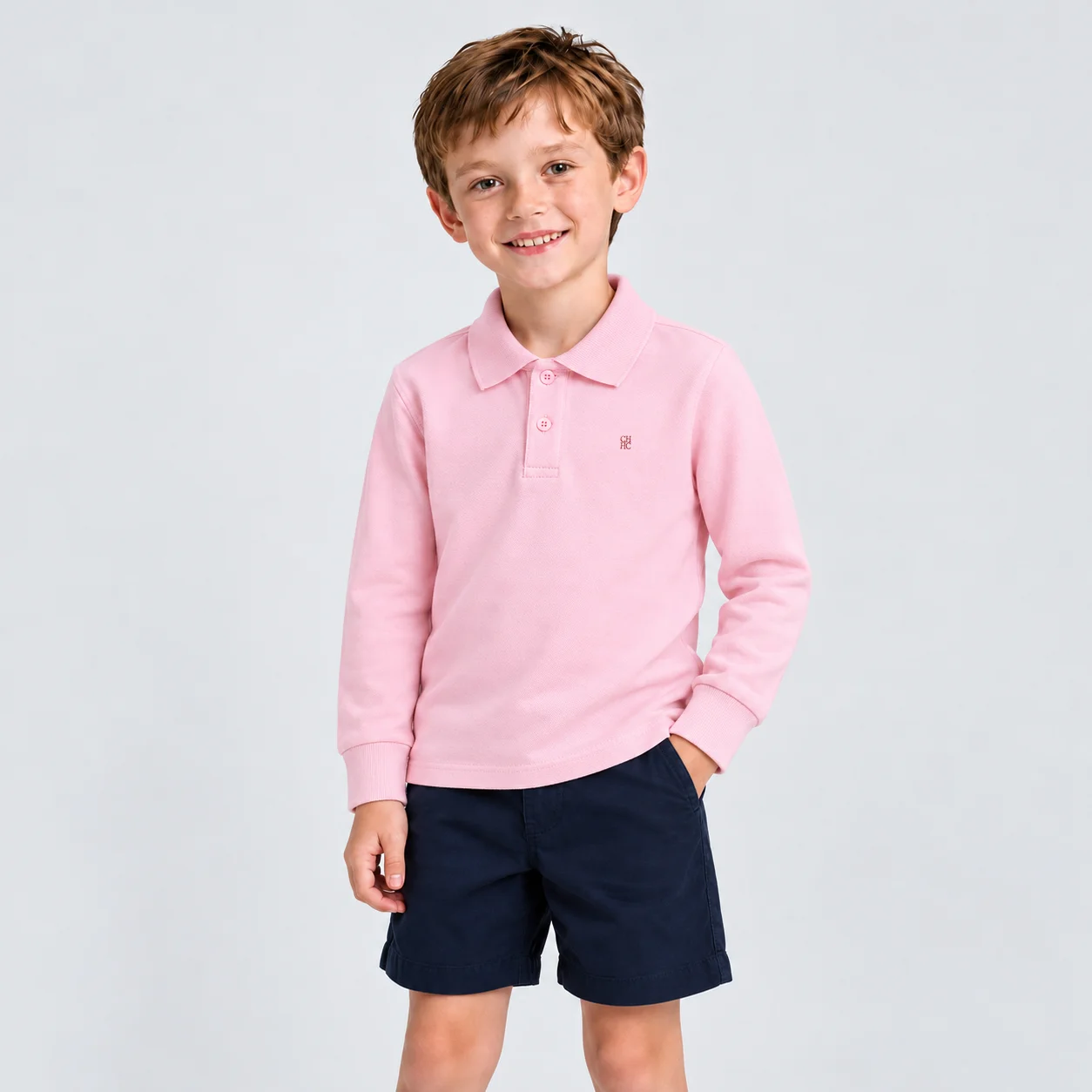 CHKids Long Sleeve Polo Shirt Lapel Collar Button Front Soft Knit Top Chest Embroidery Cuff Sleeve Casual School Wear Boys Girls