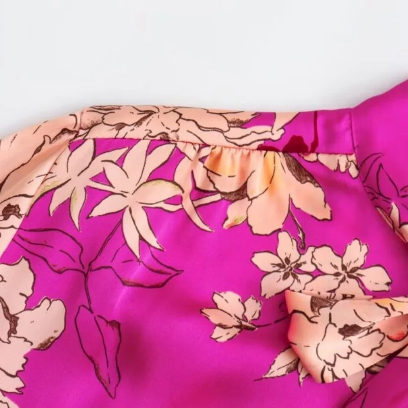 Damen Sommer Frühling Blumendruck Satin Bluse Fliege Hals Elegantes Hemd Mode Büro Dame Top