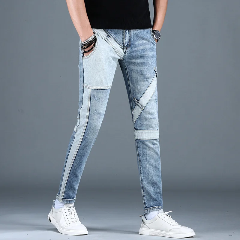 

Street Fashion High-End Stitching Jeans Men's Autumn and Winter Slim Fit Skinny Cool Smart Casual Motorcycle Trousers