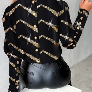Women's golden striped print shirt, elegant office tops-en, single -chest, long sleeve, jumping collar, female blouse, new fashion 10 Main Sales Gold Blouse - №5
