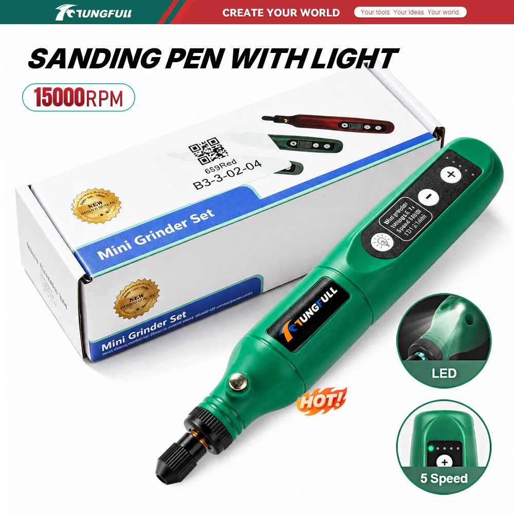 TUNGFULL Electric Carving Pen Jewelry Polishing Tool 5 Speed Mini Drill with LED Light for Glass Metal Wood Nail Art Manicure