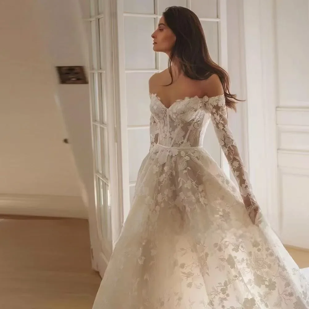 ที่กําหนดเองปิดไหล่ A-Line ชุดแต่งงานแขนยาว Sweetheart Vestido De Novia Charming ลูกไม้ Applique ชุดเจ้าสาว