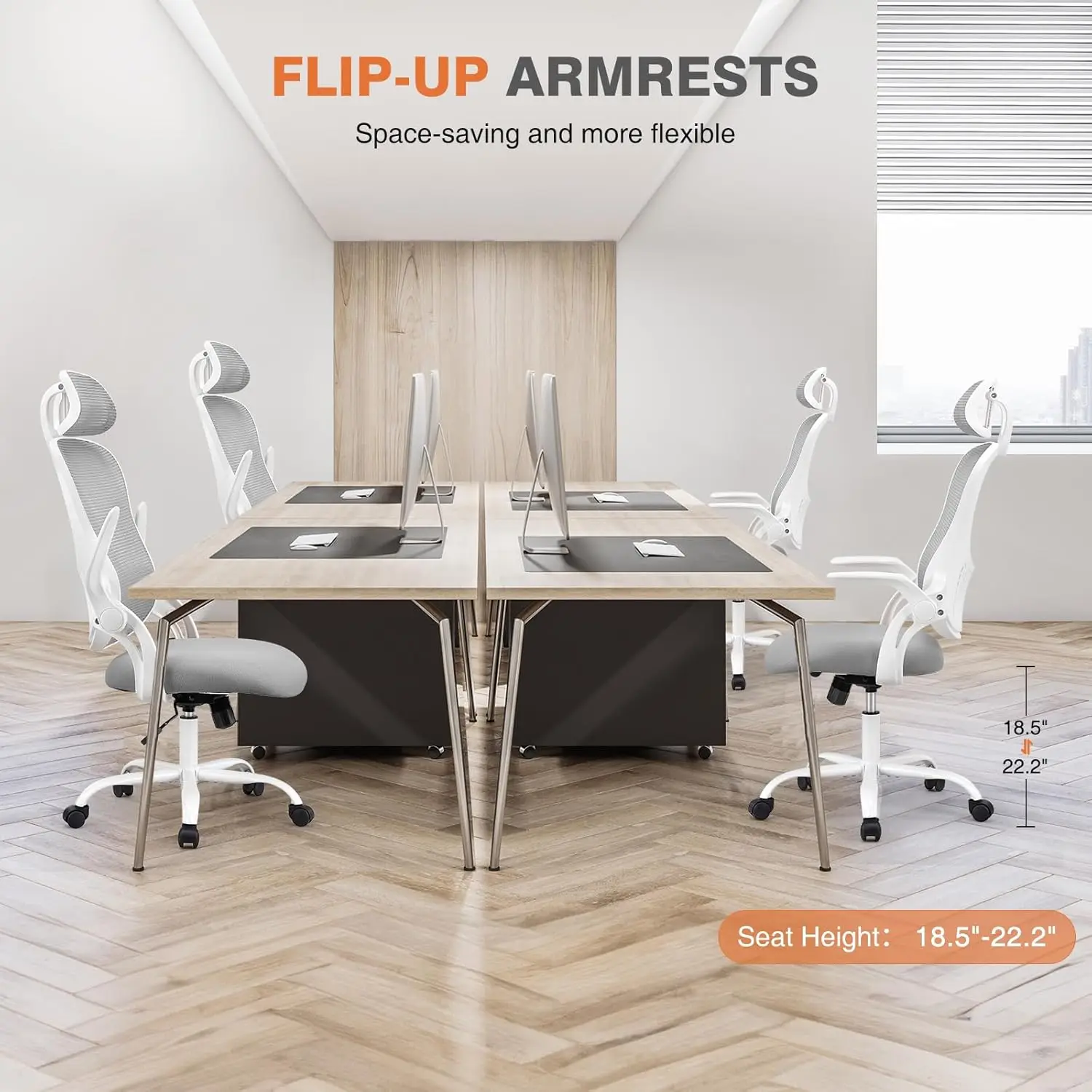 Cadeira de escritório em casa de malha com encosto alto com encosto de cabeça ajustável e suporte lombar, cadeira de trabalho ergonômica com apoio de braço dobrável