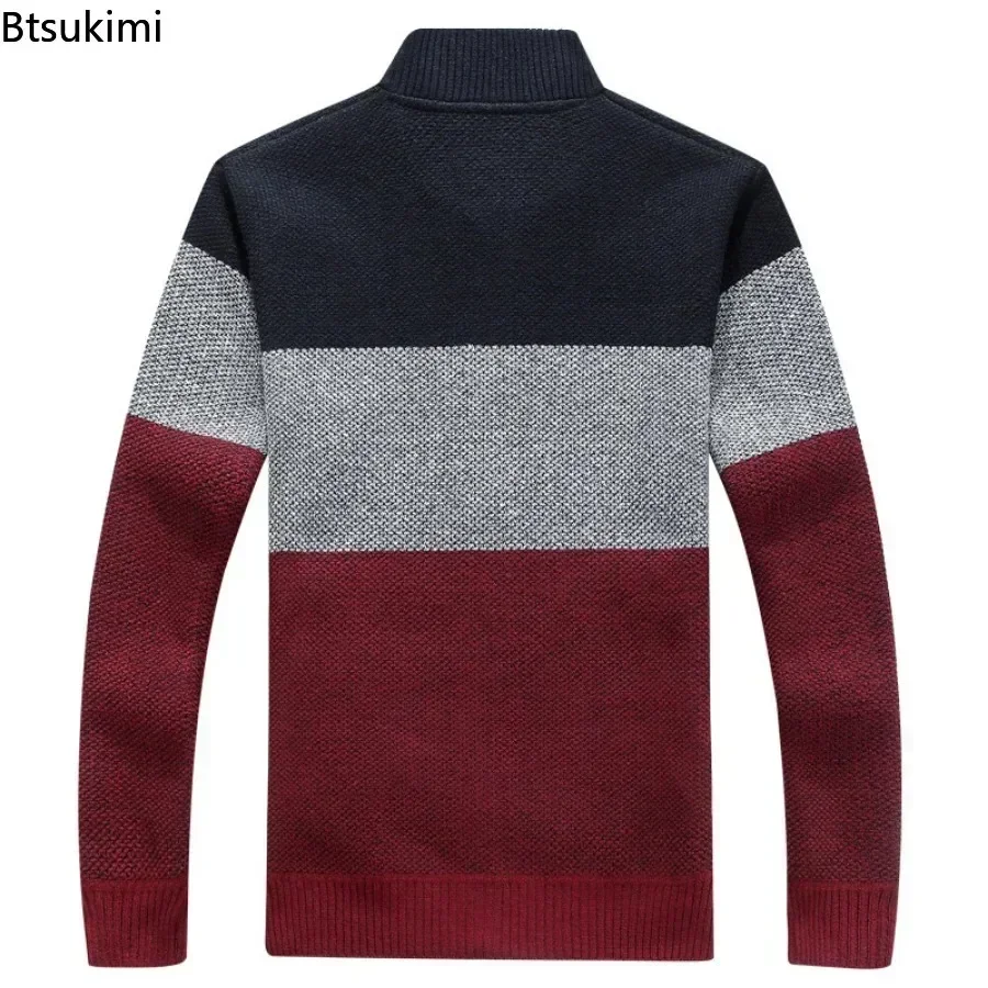 Autumn Winter Men\'s Fleece Knitted Sweater Coats Fashion Contrast Color Stand Collar Zip Cardigan Jacket Male Thick Warm Sweater