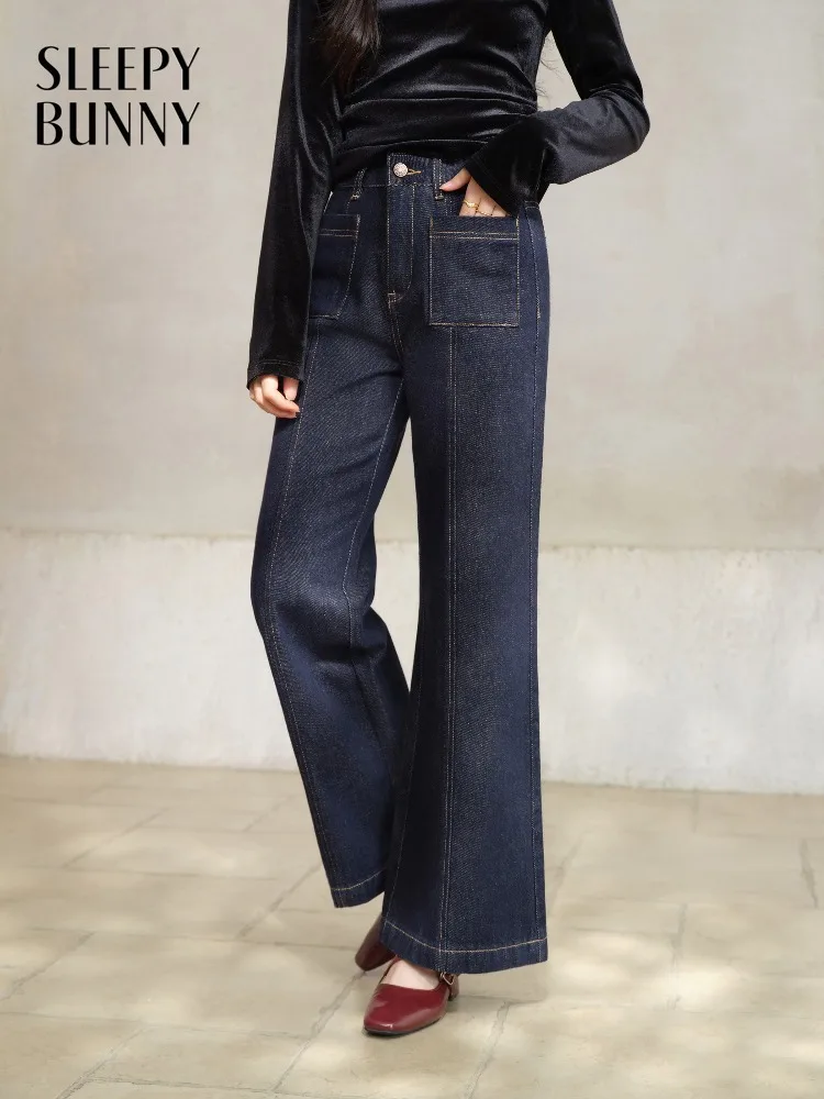 

Women Jeans Contrast Stitch Retro Washed Flare Spring Casual Commuter Cropped Denim Pants Lady High Waist Slim Fit Trousers
